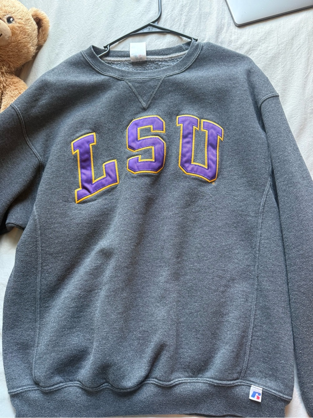 Russell Athletic Dark Gray Crewneck Sweatshirt with Purple and Gold LSU Appliqué
